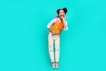 Full size photo of nice young girl speak empty space wear vest isolated on teal color background