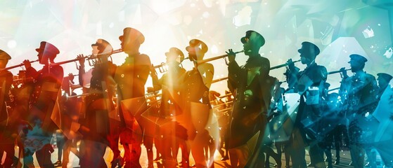 Silhouetted military band members march with brass instruments in a colorful, multi-exposure image during a parade or celebration.