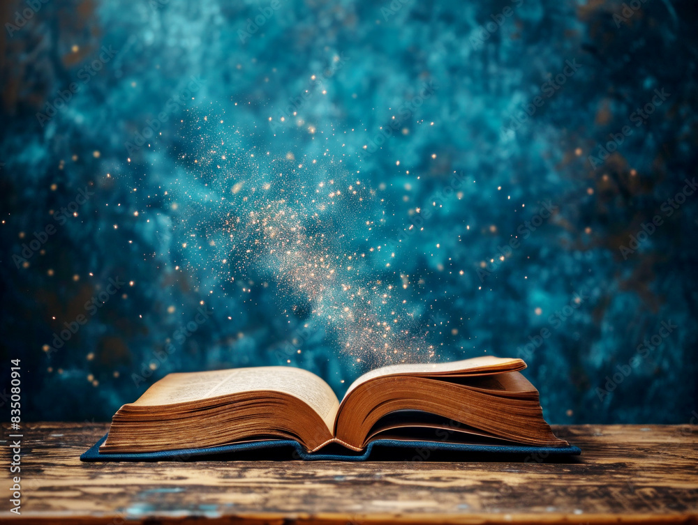 Poster An open book with twinkling lights resembling magic, on a wooden table against a blue bokeh background, symbolizing imagination. Generative AI