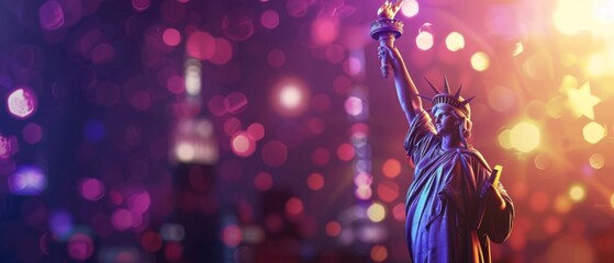 Obraz premium Statue of Liberty with vibrant bokeh city lights in the background, symbolizing freedom and the New York skyline.