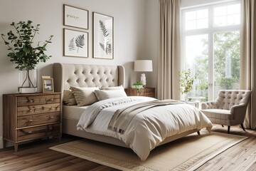 Bright and cozy bedroom with elegant decor, featuring a tufted bed, framed artwork, wooden dresser, and large windows with natural light.