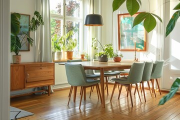 Obraz premium Bright and cozy dining room with wooden furniture, green plants, and natural light from large windows, perfect for a family meal.