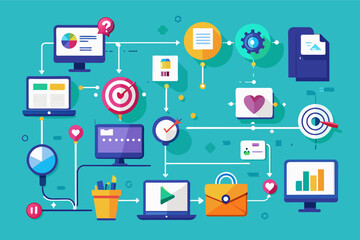 a blue background with a bunch of different icons, Flat design process flow chart outlining the steps for creating a successful marketing campaign