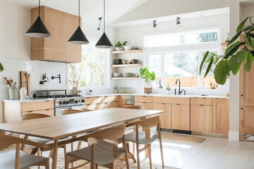 Fototapeta premium A bright Scandinavian kitchen with light wood cabinets and white quartz countertops The floor is made of white tiles