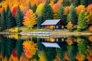 Fototapeta premium Idyllic lakeside lodge surrounded by golden autumn leaves. A picturesque autumn landscape.