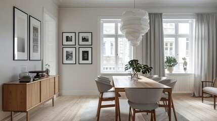 Fototapeta premium A sophisticated Scandinavian dining room with polished wooden floors and large windows that let in natural light A sleek wooden dining table with clean lines is surrounded by uphol