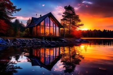 Fototapeta premium Secluded cabin, nestled in the autumn forest by the water. A picturesque autumn landscape.