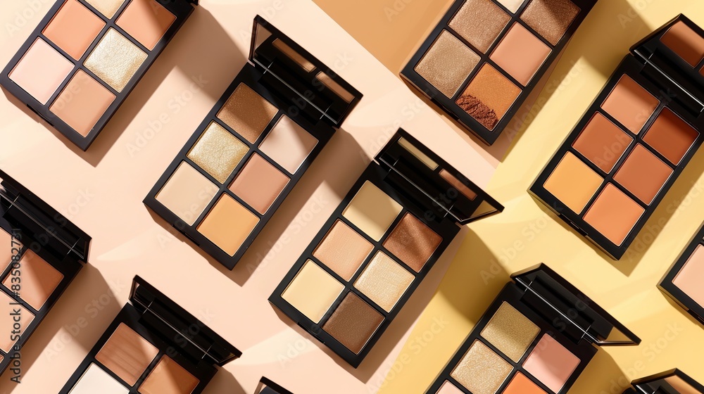 Poster a collection of six-pan contouring and highlighting palettes arranged on a light background. generat
