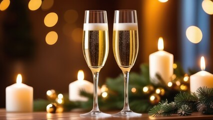 glass of champagne, beautiful bokeh, light background 