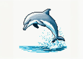 Pixel art illustration of dolphin jumping out of the water 
