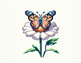 Pixel art illustration of butterfly on a flower isolated on white background
