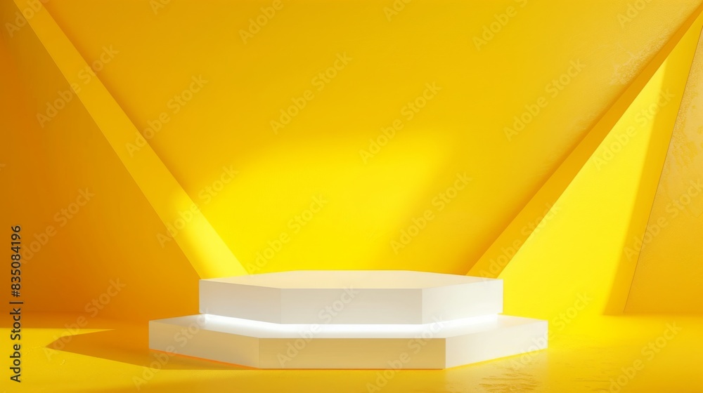 Poster a brightly lit room features vibrant yellow walls and a white, multi-layered hexagonal platform in t