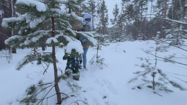 Happy family walk in winter forest. Mother holds child by hand. White snow covered forest. Vacation in snowy nature. Mom spends time with her children.