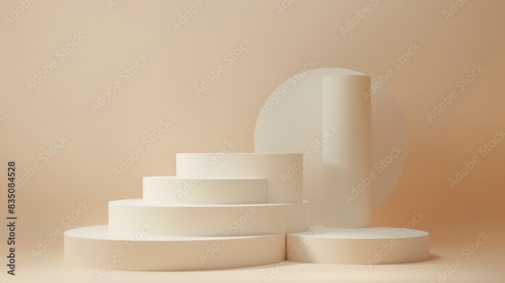 Leinwandbilder a set of cylindrical white pedestals of varying heights arranged in a neutral-toned studio with soft