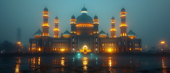 Fototapeta premium nighttime scene of mosque illuminated domes minarets people gathering for EidalAdha prayers captured with long exposure to create a glowing serene effect using advanced lowlight photography techniques