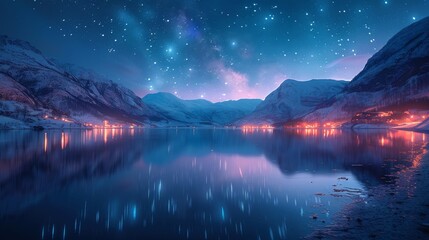 A mesmerizing night landscape featuring a village surrounded by snow-capped mountains under a star-studded sky - Powered by Adobe