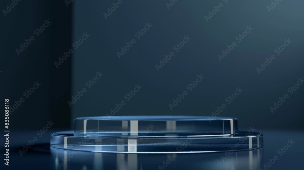Poster a clear acrylic pedestal with a minimalistic design is illuminated by soft studio lighting, set agai