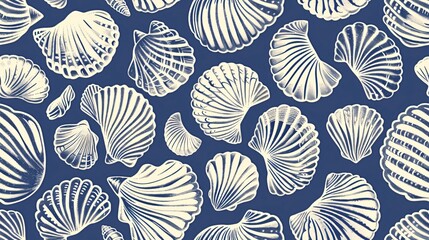 Seashell line drawings seamlessly patterned on a deep blue background, ideal for fabric and wallpaper designs