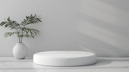 A round white cushion on a light-colored floor beside a potted plant in a minimalist modern living room on a sunny afternoon.