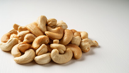 Fototapeta premium Cashew nuts placed against a white backdrop, copy space on a side