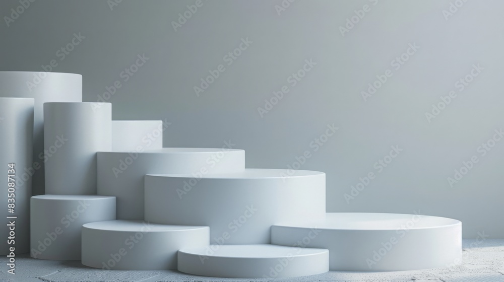 Poster Several white cylindrical podiums of varying heights are neatly arranged in a stepped pattern against a minimalist gray background in a modern studio setting.