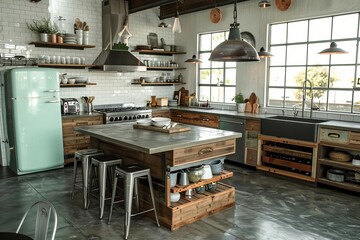 A cozy industrial kitchen with dark wood cabinetry and concrete countertops The floor is made of dark gray tiles