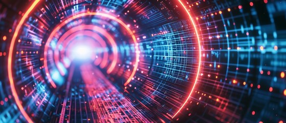 Fototapeta premium Futuristic digital tunnel with glowing lights, representing high-speed data transmission and advanced technology, suitable for tech backgrounds.