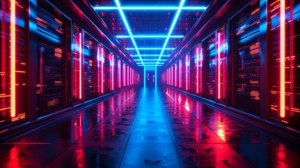 Fototapeta premium Futuristic server room with glowing neon lights in blue and red, representing advanced technology and digital data storage.