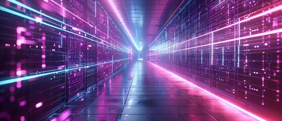 Futuristic tunnel with neon lights and digital elements, creating a mesmerizing and vibrant atmosphere of cyber technology.