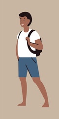 A young guy is walking barefoot. Tourist with a backpack. Summer holiday in nature. Vector flat illustration. Smiling character. The man looks into the distance.