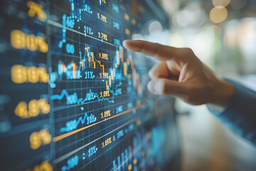 Businessman touches a virtual screen displaying stock market changes, a business chart with blue lines. Online trading and technology