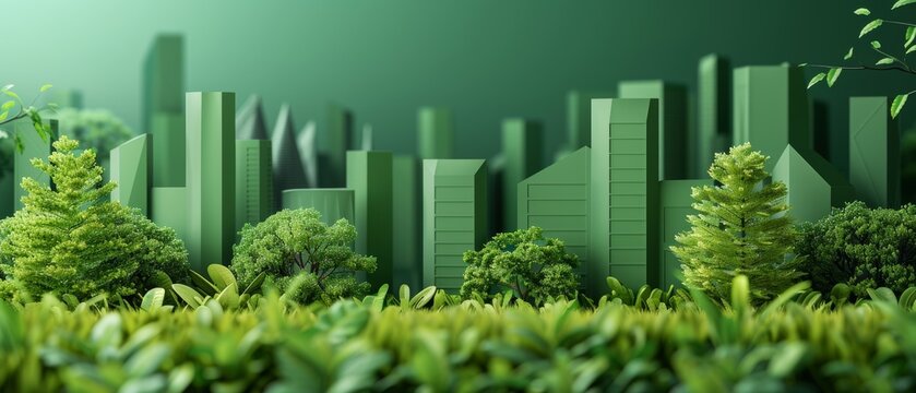 Green eco-friendly cityscape with skyscrapers and lush greenery, representing sustainable urban development and environmental harmony.