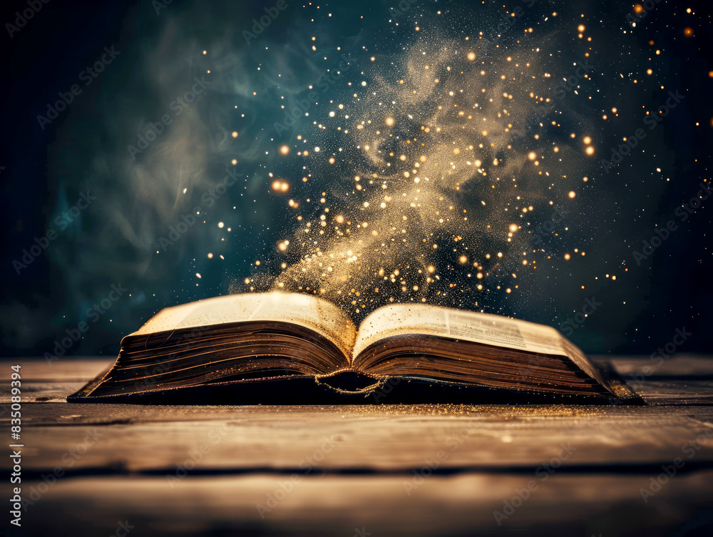 Poster An open book with glowing golden particles rising from its pages on a dark background, symbolizing magic or knowledge. Generative AI
