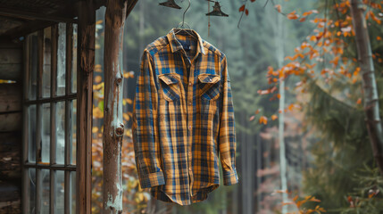 An empty clothing mockup of a flannel shirt, hanging on a hook with a cabinthemed background