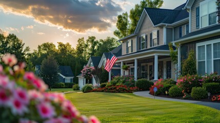 Patriotic decorations adorning a house, with an American flag prominently displayed (copy space, national pride, vibrant, silhouette, suburban home backdrop)