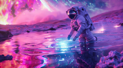An astronaut walking through a luminescent colorful organic liquid on an alien planet
