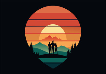 A family of three is standing on a mountain top, looking out at the sunset