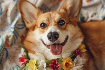 Radiant Corgi Adorned in Flowers Necklace Against Blurry Backdrop