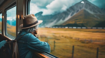 Traveler Gazing at Passing Landscapes During Scenic Train Ride