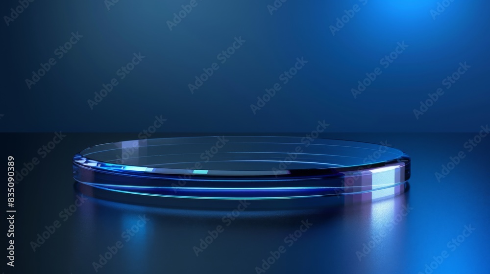 Poster A transparent circular glass platform is illuminated by blue light, creating reflections on a dark, reflective surface.