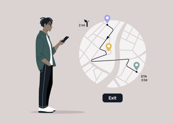 A character intently focused on their smartphone, using the GPS map with pins set along a specific route, likely navigating their way with technology