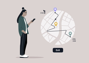 A character intently focused on their smartphone, using the GPS map with pins set along a specific route, likely navigating their way with technology