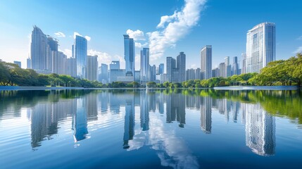 Stunning city skyline reflected on a calm lake, surrounded by lush greenery and blue sky with clouds. Perfect urban landscape scenery.