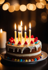 Cream Birthday cake with candles, bright lights bokeh