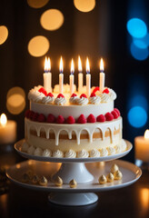 Cream Birthday cake with candles, bright lights bokeh