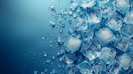 An assorted pile of effervescent ice cubes hinting at themes of cold, refreshment, and preservation on blue