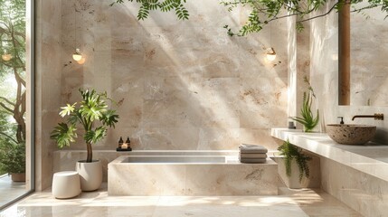 Spa Product Presentation Template: Marble Pedestal with Green Leafy Branches, Set Against Light Beige Masonry Wall Background in Bathroom