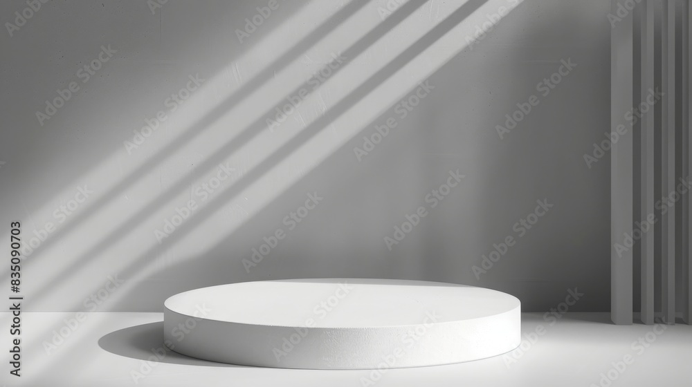 Poster A round white pedestal sits in a sunlit room with shadow patterns on a gray wall, creating a minimalist, serene atmosphere.