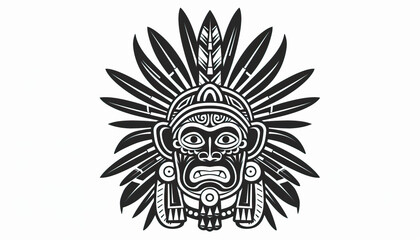 Mayan warrior helmet illustration, modern graphic design, isolated, copy and text space, close-up, macro, white background, black and white. Maya template, banner, background, wallpaper, backdrop
