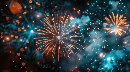 Obraz premium Fireworks explode in the night sky (close up, focus on, selective focus) theme: celebration, vibrant, Overlay, cityscape backdrop